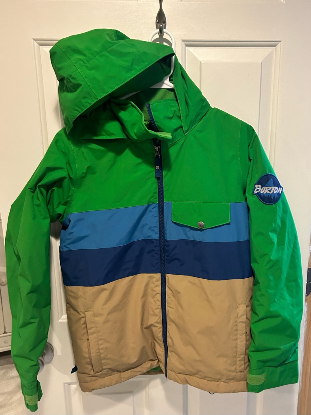 Burton Boys' Colorblock Hooded Ski Snowboard Jacket - Green/Blue/Tan Large